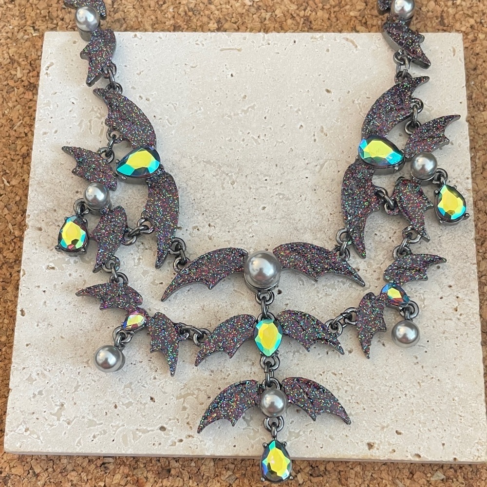 Betsey Johnson Glitter Bat Necklace with Iridescent Accents - Picture 3 of 7